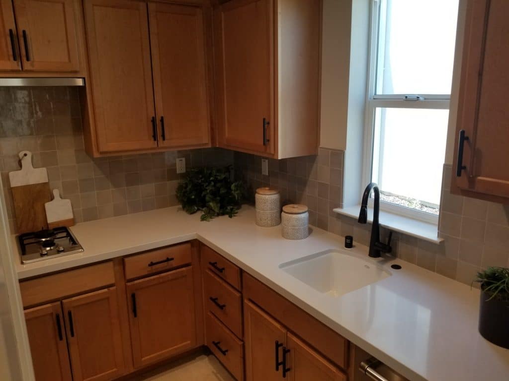 Installed kitchen tile backsplash